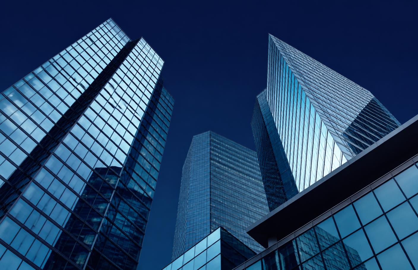 Modern commercial office buildings viewed from below